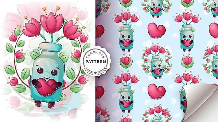 EPS 해외이미지 캐릭터 잎 패턴 일러스트 사람없음 귀여움 꽃병 하트 해외일러스트 일러캐릭터 모양 식물 꽃 컨셉 무늬 파일형식 벡터 이미지허브