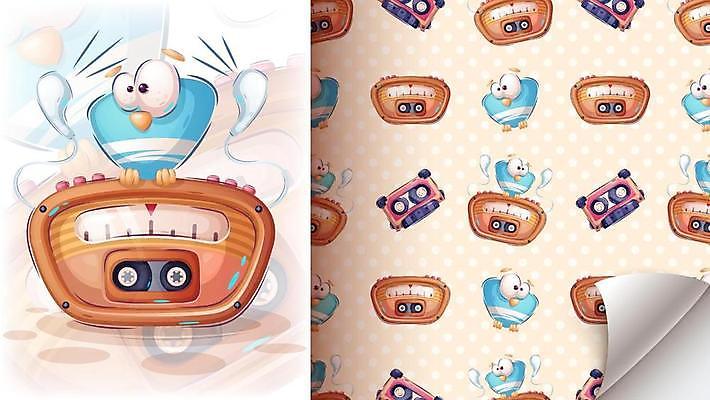 EPS 해외이미지 캐릭터 이어폰 패턴 일러스트 사람없음 귀여움 카세트테이프 해외일러스트 일러캐릭터 음향기기 컨셉 무늬 파일형식 벡터 이미지허브