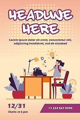 EPS 해외이미지 전신 여자 포스터 화분 어린이 의자 일러스트 전구 팔벌리기 아이디어 한명 서기 책 학습 스탠드 작가 책상 연필꽂이 타자기 소녀한명만 해외일러스트 직업 1 교육 가구 컨셉 모션 문구용품 조명 사람 골동품 여자한명만 소녀만 파일형식 벡터 이미지허브