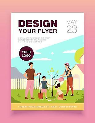 EPS 해외이미지 전신 디자인 여자 남자 어린이 분홍색 일러스트 주택 서기 들기 앉기 소년 여러명 성인 타이포그라피 물뿌리개 삽 물주기 홍보물 나무심기 묘목 해외일러스트 나무 문자 컬러 다수 모션 사람 건물 심기 파일형식 벡터 이미지허브