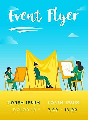 EPS 해외이미지 모델 디자인 여자 의자 일러스트 들기 앉기 성인 타이포그라피 세명 파란색 연필 노란색 그리기 이젤 홍보물 성인여자만 해외일러스트 문자 컬러 가구 모션 학용품 사람 필기구 미술도구 여자만 성인만 파일형식 벡터 이미지허브