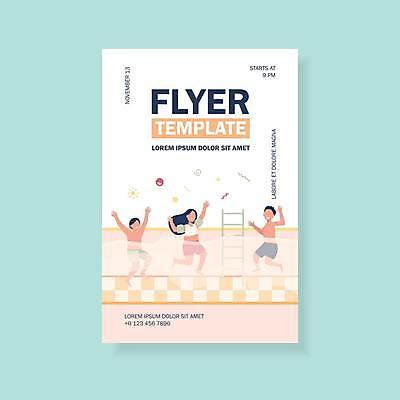 EPS 해외이미지 전신 디자인 여자 남자 어린이 분홍색 일러스트 사다리 소년 타이포그라피 세명 손들기 만세 즐거움 홍보물 어린이만 실내수영장 해외일러스트 문자 감정 컬러 모션 수영장 실내 사람 도구 파일형식 벡터 이미지허브