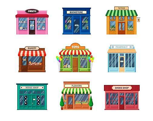 EPS 해외이미지 화분 음악 일러스트 간판 사람없음 건물 세트 상점 빵집 술집 약국 쇼윈도 꽃집 천막 풍선 서점 장난감가게 레코드샵 신발가게 해외일러스트 건축물 의학 문화예술 전시 파일형식 벡터 이미지허브