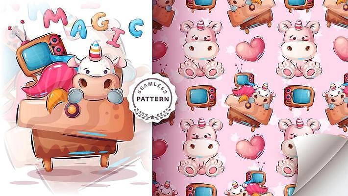 EPS 해외이미지 캐릭터 패턴 일러스트 사람없음 귀여움 텔레비전 하트 유니콘 해외일러스트 일러캐릭터 모양 컨셉 무늬 전자제품 파일형식 벡터 이미지허브