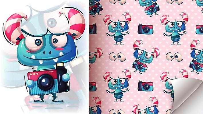 EPS 해외이미지 캐릭터 패턴 일러스트 사람없음 카메라 귀여움 몬스터 호러캐릭터 해외일러스트 일러캐릭터 컨셉 무늬 전자제품 파일형식 벡터 이미지허브