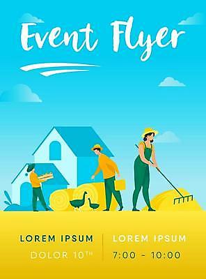 EPS 해외이미지 디자인 여자 남자 두마리 일러스트 오리 들기 성인 타이포그라피 건물 세명 파란색 농장 노란색 농부 홍보물 갈퀴 성인만 해외일러스트 직업 문자 건축물 컬러 2 농업 모션 조류 사람 파일형식 벡터 이미지허브