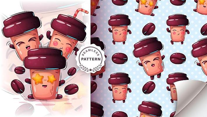 EPS 해외이미지 캐릭터 커피 패턴 일러스트 사람없음 귀여움 원두 음식캐릭터 해외일러스트 일러캐릭터 음료 음식 컨셉 무늬 파일형식 벡터 이미지허브
