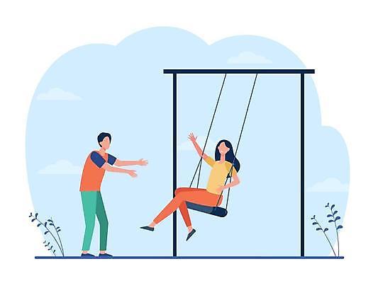 EPS 해외이미지 전신 커플 여자 남자 하늘색 일러스트 서기 앉기 성인 두명 손들기 밀기 그네 그네타기 성인만 해외일러스트 관계 모션 놀이 사람 파란색 파일형식 벡터 이미지허브