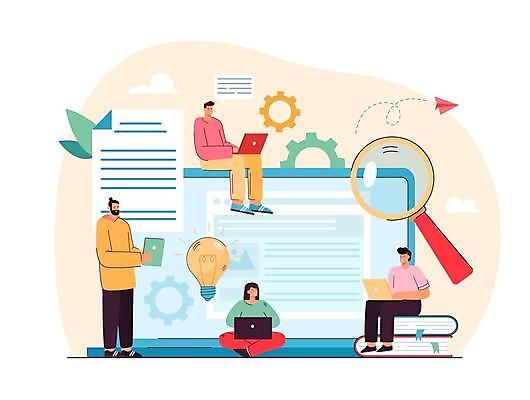 EPS 해외이미지 전신 여자 남자 일러스트 비즈니스 전구 돋보기 서기 들기 앉기 여러명 노트북 태블릿 타이핑 업무 작가 종이비행기 톱니바퀴 문서 해외일러스트 직업 다수 모션 사람 전자제품 스마트기기 작업 종이접기 파일형식 벡터 이미지허브