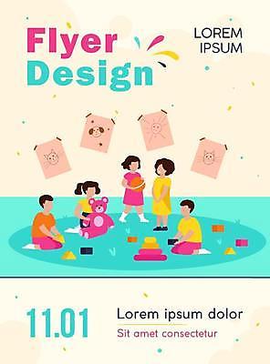 EPS 해외이미지 여자 남자 어린이 일러스트 들기 소년 여러명 타이포그라피 장난감 노란색 유치원 곰인형 잡기 꽃가루 어린이만 해외일러스트 문자 교육 인형 컬러 다수 모션 사람 가루 파일형식 벡터 이미지허브