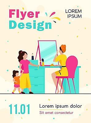 EPS 해외이미지 전신 여자 딸 행복 어린이 의자 일러스트 엄마 관리 성인 세명 뷰티 손잡기 화장품 거울 화려 화장대 꽃가루 여자만 해외일러스트 감정 가구 컨셉 가족 모션 사람 가루 파일형식 벡터 이미지허브