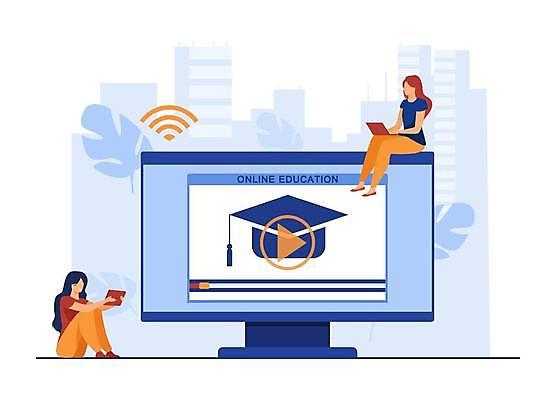 EPS 해외이미지 전신 학생 여자 잎 일러스트 학사모 들기 앉기 성인 두명 노트북 컴퓨터 태블릿 모니터 동영상 온라인강의 성인여자만 언택트 온택트 해외일러스트 식물 모자_잡화 졸업 모션 사람 전자제품 스마트기기 강의 여자만 성인만 파일형식 벡터 이미지허브