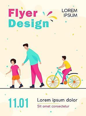 EPS 해외이미지 전신 디자인 남자 어린이 일러스트 앉기 소년 성인 타이포그라피 세명 노란색 자전거 롤러블레이드 승차 홍보물 꽃가루 남자만 해외일러스트 문자 컬러 모션 사람 취미 바이크 가루 파일형식 벡터 이미지허브