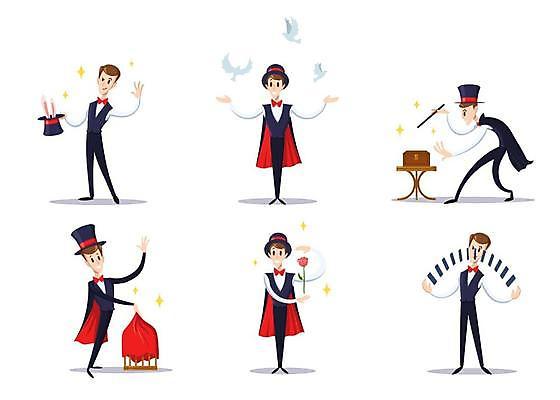 EPS 해외이미지 전신 남자 꽃 일러스트 조류 지팡이 서기 들기 여러명 성인 마술 마법사 마술사 토끼 잡기 카드 마술사모자 마법 마술사복장 성인남자만 해외일러스트 식물 동물 모자_잡화 옷 다수 포유류 모션 사람 반려동물 남자만 성인만 파일형식 벡터 이미지허브