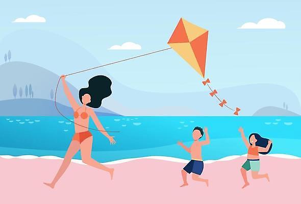 EPS 해외이미지 전신 여자 남자 수영복 어린이 일러스트 가족 소년 성인 해변 세명 여름휴가 달리기 잡기 연 해외일러스트 옷 바다 관계 모션 휴가 사람 놀이용품 파일형식 벡터 여름_계절 이미지허브