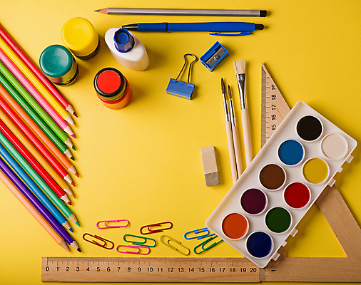 포토 JPG 해외이미지 색연필 자 사람없음 연필 펜 물감 붓 팔레트 테두리 클립 연필깎이 노란배경 카피스페이스 해외포토 백그라운드 문구용품 학용품 필기구 노란색 공백 미술도구 파일형식 이미지허브