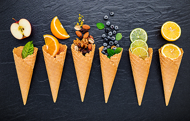 포토 JPG 해외이미지 오렌지 사람없음 견과류 사과 블루베리 라임 아이스크림콘 해외포토 과일 콘 파일형식 이미지허브