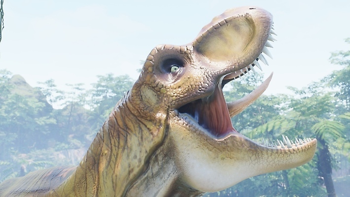 JPG 해외이미지 주간 나무 한마리 야생동물 입벌림 사람없음 야외 3D 숲 고생물 육식공룡 티라노사우루스 포효 쥬라기 해외포토 포토 자연요소 식물 동물 1 생물 표정 외침 디지털합성 공룡 파일형식 이미지허브