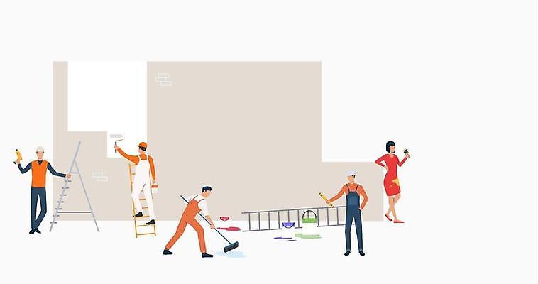 EPS 해외이미지 전신 여자 남자 일러스트 사다리 서기 들기 여러명 성인 페인트 안전모 페인트통 페인트붓 페인트롤러 페인트공 도배용품 성인만 해외일러스트 직업 다수 모션 통 사람 도구 붓 헬멧 안전장비 오브젝트 파일형식 벡터 이미지허브