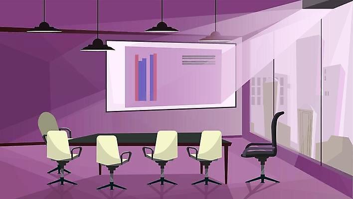 EPS 해외이미지 의자 일러스트 비즈니스 조명 직장 실내 빌딩 사람없음 건물 스크린 창가 책상 회의실 빔프로젝트 프로젝터 해외일러스트 건축물 가구 회사 창문 내부 파일형식 벡터 이미지허브