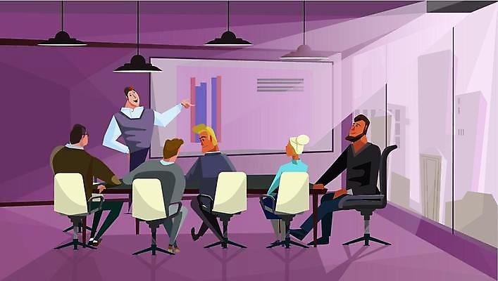 EPS 해외이미지 전신 여자 남자 의자 일러스트 회의 그래프 조명 직장 실내 설명 서기 앉기 빌딩 여러명 성인 건물 스크린 업무 비즈니스맨 비즈니스우먼 발표 창가 책상 동료 회의실 빔프로젝트 프로젝터 성인만 해외일러스트 건축물 가구 다수 회사 비즈니스 창문 관계 모션 사람 내부 작업 직장인 파일형식 벡터 이미지허브