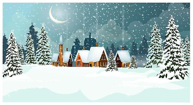 EPS 해외이미지 나무 겨울 일러스트 주택 굴뚝 사람없음 마을 설원 눈 연기 야간 초승달 달빛 겨울풍경 해외일러스트 자연요소 식물 계절 날씨 눈_날씨 풍경 건물 달 파일형식 벡터 이미지허브