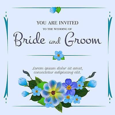 EPS 해외이미지 템플릿 꽃 결혼 일러스트 결혼식 프레임 타이포그라피 사람없음 파란색 빛 청첩장 해외일러스트 식물 문자 컬러 카드_감사 이벤트 파일형식 벡터 이미지허브