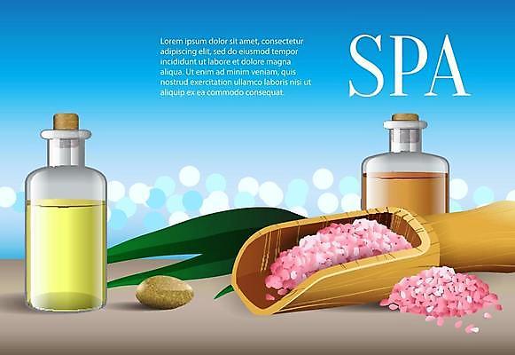 EPS 해외이미지 잎 일러스트 유리병 타이포그라피 사람없음 파란색 뷰티 스파 조약돌 보케 아로마 스쿱 아로마오일 입욕소금 해외일러스트 식물 문자 컬러 병_용기 돌_바위 미용용품 오일_화장품 소금 파일형식 벡터 이미지허브