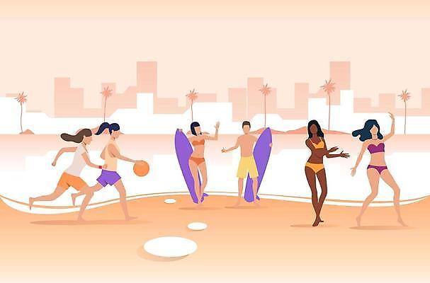 EPS 해외이미지 전신 여자 남자 실루엣 여행 일러스트 서기 여러명 성인 해변 건물 여름휴가 야자수 달리기 주황색 춤 잡기 서핑보드 공놀이 성인만 해외일러스트 나무 건축물 바다 컬러 다수 공 모션 놀이 휴가 문화예술 촬영기법 사람 보드_스포츠 파일형식 벡터 여름_계절 이미지허브