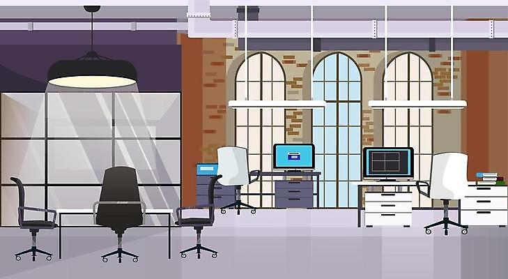 EPS 해외이미지 의자 일러스트 창문 조명 실내 사람없음 건물 인테리어 컴퓨터 사무실 모니터 책상 사무용가구 해외일러스트 건축물 디자인 가구 비즈니스 내부 전자제품 파일형식 벡터 이미지허브