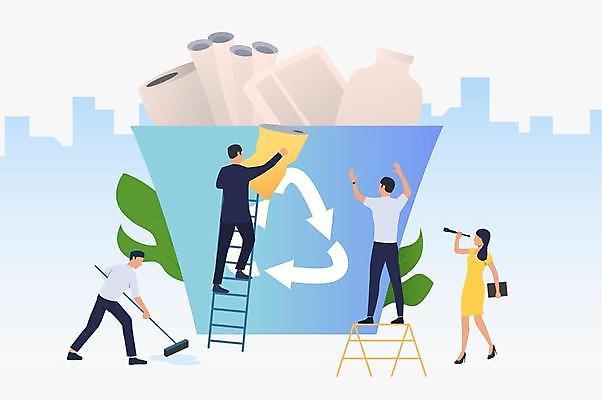 EPS 해외이미지 전신 여자 남자 하늘색 일러스트 사다리 서기 들기 여러명 성인 재활용 망원경 쓰레기통 환경오염 캔 쓰레기 빗자루 친환경 분리수거 닦기 성인만 해외일러스트 다수 컨셉 모션 사람 파란색 환경 도구 청소도구 파일형식 벡터 이미지허브