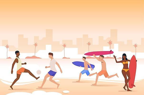 EPS 해외이미지 전신 여자 남자 실루엣 여행 일러스트 공 서기 여러명 성인 해변 건물 여름휴가 야자수 달리기 주황색 서핑보드 손인사 공차기 성인만 들어올리기 해외일러스트 나무 건축물 바다 컬러 다수 모션 휴가 촬영기법 사람 인사 보드_스포츠 파일형식 벡터 여름_계절 이미지허브