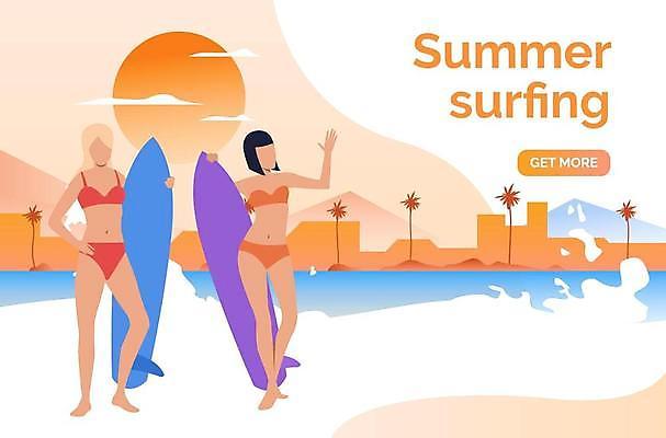 EPS 해외이미지 전신 여자 수영복 실루엣 파도 바다 여행 허리손 일러스트 성인 두명 건물 여름휴가 야자수 주황색 잡기 서핑보드 손인사 인터페이스 성인여자만 해외일러스트 나무 건축물 옷 컬러 포즈 모션 휴가 촬영기법 사람 인사 보드_스포츠 여자만 성인만 파일형식 벡터 여름_계절 이미지허브