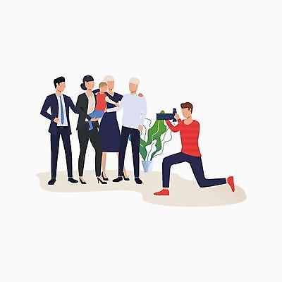 EPS 해외이미지 여자 노년 남자 어린이 일러스트 가족 서기 들기 앉기 정장 소년 여러명 성인 카메라 사진촬영 사진사 가족사진 어깨에손 해외일러스트 옷 다수 관계 모션 사람 전자제품 촬영 작가 파일형식 벡터 단체사진 이미지허브