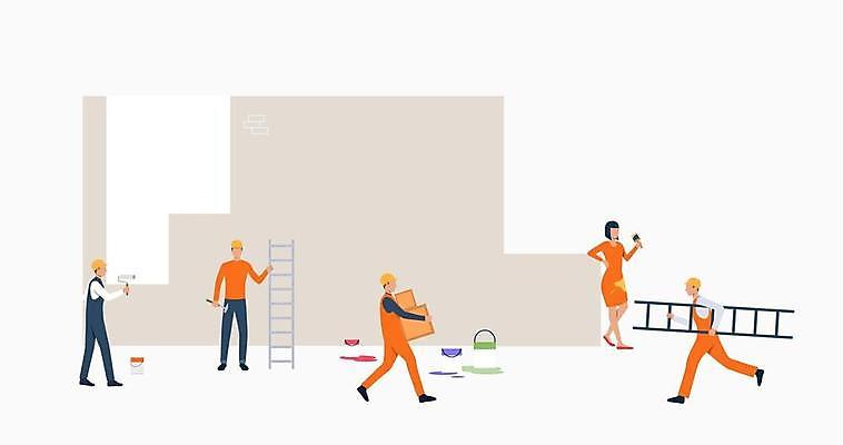 EPS 해외이미지 여자 남자 일러스트 서기 들기 여러명 성인 상자 달리기 페인트 안전모 페인트붓 페인트롤러 페인트공 성인만 건설근로자 해외일러스트 직업 다수 모션 사람 붓 헬멧 안전장비 파일형식 벡터 이미지허브