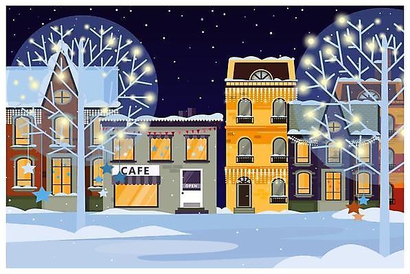 EPS 해외이미지 나무 일러스트 주택 사람없음 건물 카페 눈 도시 야간 눈덮임 해외일러스트 자연요소 식물 건축물 컨셉 날씨 상점 파일형식 벡터 이미지허브