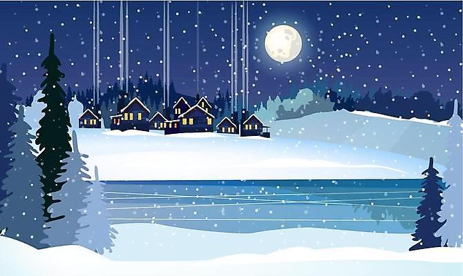 EPS 해외이미지 나무 겨울 일러스트 주택 사람없음 강 마을 설원 보름달 눈 야간 빙판 겨울풍경 해외일러스트 자연요소 식물 계절 날씨 눈_날씨 풍경 건물 달 파일형식 벡터 이미지허브