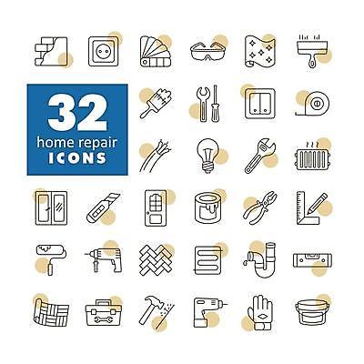 EPS 해외이미지 장갑 일러스트 창문 벽지 벽돌 고글 건물 페인트 붓 못 팔레트 칼 수리 콘센트 망치 사인 롤 펜치 룰렛 라디에이터 미장 송곳 해외일러스트 건축물 잡화 게임 공구 파일형식 벡터 이미지허브