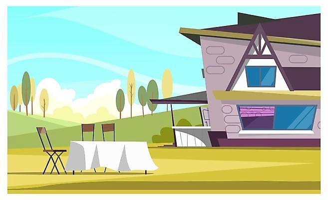 EPS 해외이미지 나무 의자 일러스트 탁자 주택 사람없음 건물 식탁보 앞마당 해외일러스트 식물 건축물 가구 파일형식 벡터 이미지허브