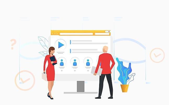 EPS 해외이미지 전신 여자 남자 화분 서류가방 일러스트 서기 들기 성인 두명 컴퓨터 모니터 물음표 비즈니스맨 비즈니스우먼 체크표시 동영상 온라인강의 성인만 웨비나 언택트 온택트 해외일러스트 기호 가방 비즈니스 모션 사람 전자제품 직장인 강의 확인 세미나 파일형식 벡터 이미지허브