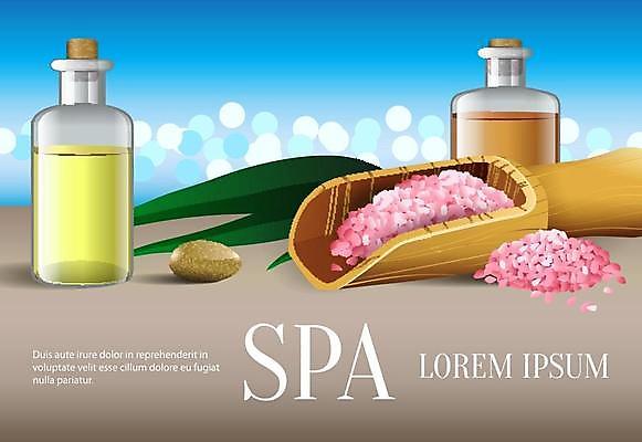 EPS 해외이미지 잎 일러스트 유리병 타이포그라피 사람없음 뷰티 스파 조약돌 보케 아로마 스파용품 스쿱 아로마오일 입욕소금 해외일러스트 식물 문자 병_용기 돌_바위 미용용품 오일_화장품 오브젝트 소금 파일형식 벡터 이미지허브