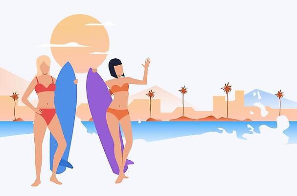EPS 해외이미지 전신 여자 실루엣 파도 바다 허리손 일러스트 성인 두명 건물 여름휴가 야자수 태양 잡기 서핑보드 손인사 성인여자만 해외일러스트 자연요소 나무 건축물 포즈 모션 휴가 촬영기법 사람 인사 보드_스포츠 여자만 성인만 파일형식 벡터 여름_계절 이미지허브