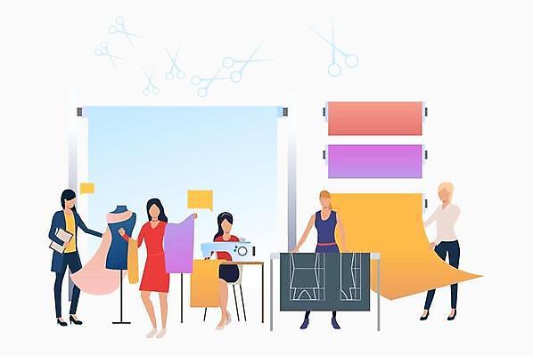 EPS 해외이미지 전신 여자 말풍선 일러스트 비즈니스 서기 들기 앉기 여러명 성인 직물 비즈니스우먼 마네킹 패션디자이너 재봉틀 재단사 성인여자만 해외일러스트 직업 다수 모션 사람 직장인 디자이너 여자만 성인만 파일형식 벡터 이미지허브