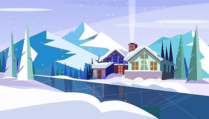 EPS 해외이미지 나무 겨울 일러스트 주택 굴뚝 사람없음 강 반사 설원 눈 빙판 겨울풍경 설산 해외일러스트 자연요소 식물 계절 날씨 산 눈_날씨 풍경 건물 파일형식 벡터 이미지허브