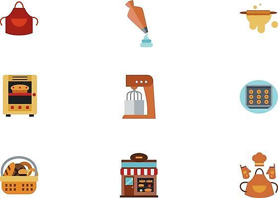 EPS 해외이미지 일러스트 쟁반 사람없음 바구니 앞치마 빵집 오븐 믹서 제빵 거품기 제빵기구 제빵도구 반죽밀대 짤주머니 해외일러스트 주방용품 제과제빵 상점 가전제품 밀대 파일형식 벡터 이미지허브