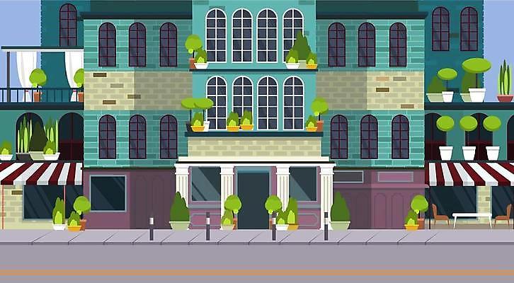 EPS 해외이미지 식물 화분 도로 일러스트 창문 사람없음 건물 발코니 차양 해외일러스트 건축물 길 교통시설 파일형식 벡터 이미지허브