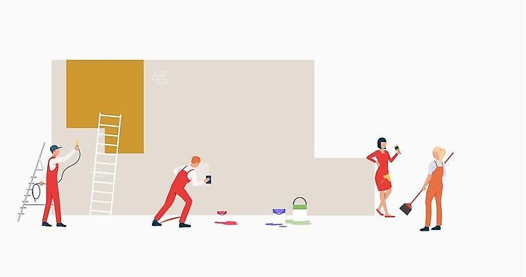 EPS 해외이미지 전신 여자 남자 일러스트 사다리 벽면 서기 여러명 성인 페인트칠 빗자루 페인트통 페인트붓 페인트공 도배사 성인만 해외일러스트 직업 벽 다수 모션 페인팅 통 사람 페인트 도구 붓 청소도구 파일형식 벡터 이미지허브