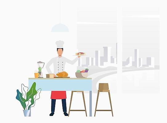 EPS 해외이미지 식물 접시 남자 화분 허리손 의자 일러스트 식탁 주방용품 요리사모자 한명 서기 들기 성인 주방 요리사 흰색 성인남자한명만 해외일러스트 직업 모자_잡화 1 식기 컬러 포즈 가구 생활용품 모션 탁자 사람 남자한명만 성인남자만 파일형식 벡터 이미지허브