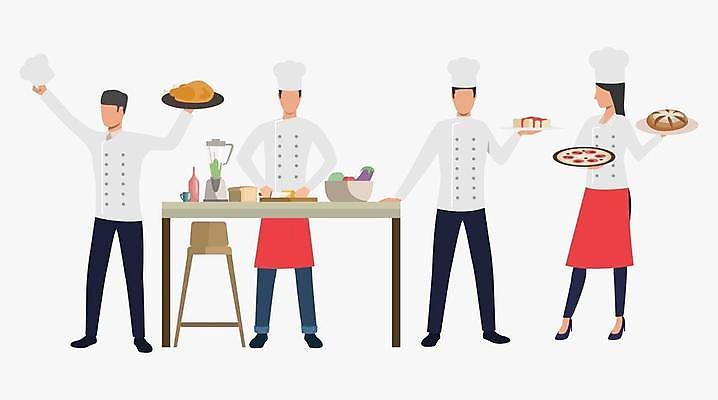 EPS 해외이미지 전신 접시 여자 남자 음식 허리손 일러스트 탁자 요리사모자 요리 서기 들기 여러명 성인 요리사 조리복 작업대 성인만 해외일러스트 직업 모자_잡화 식기 포즈 가구 다수 유니폼 모션 사람 파일형식 벡터 이미지허브