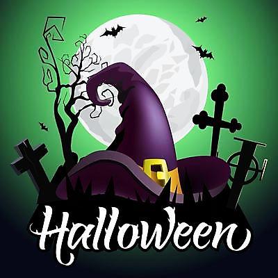 EPS 해외이미지 나무 일러스트 이벤트 사람없음 초록색 할로윈 달 무덤 박쥐 마녀모자 해외일러스트 자연요소 식물 모자_잡화 컬러 포유류 파일형식 벡터 이미지허브